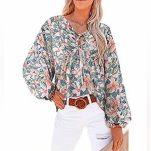 Shewin Womens Casual Boho Floral Print Long Sleeve Blouse Top Plus Size 2XL